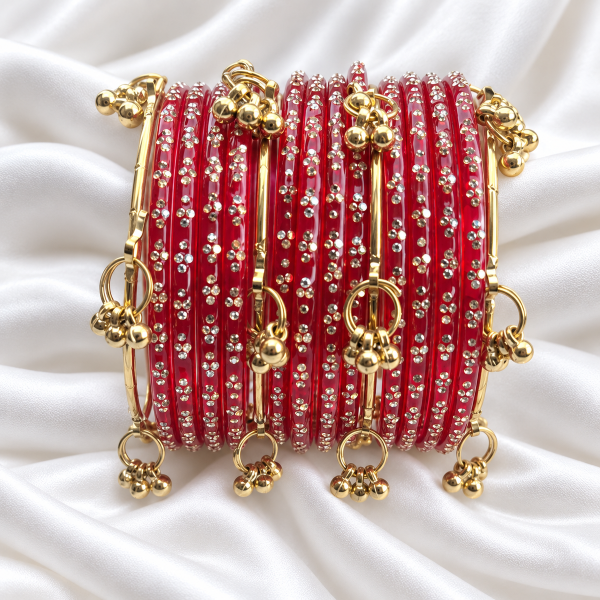 Ruby Red Raindrop Glass with Gold Ghungroo Bangles