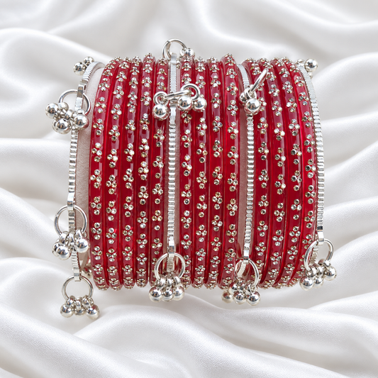 Ruby Red Raindrop Glass with Silver Ghungroo Bangles