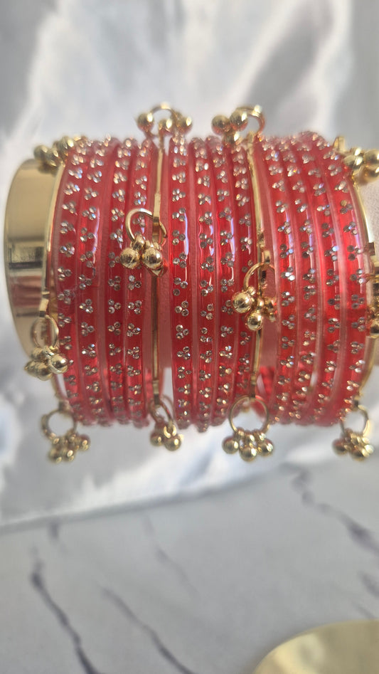 Rust Red Raindrop Glass with Gold Ghungroo Bangles