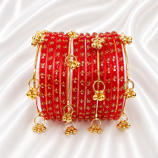 Rust Red Raindrop Glass with Gold Ghungroo Bangles