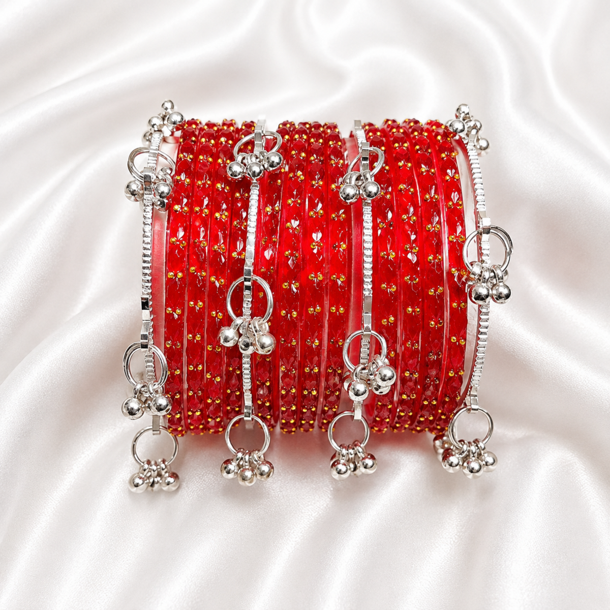Rust Red Raindrop Glass with Silver Ghungroo Bangles