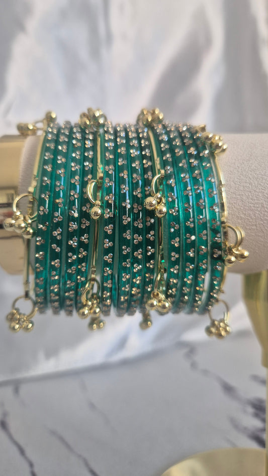 Teal Green Raindrop Glass with Gold Ghungroo Bangles