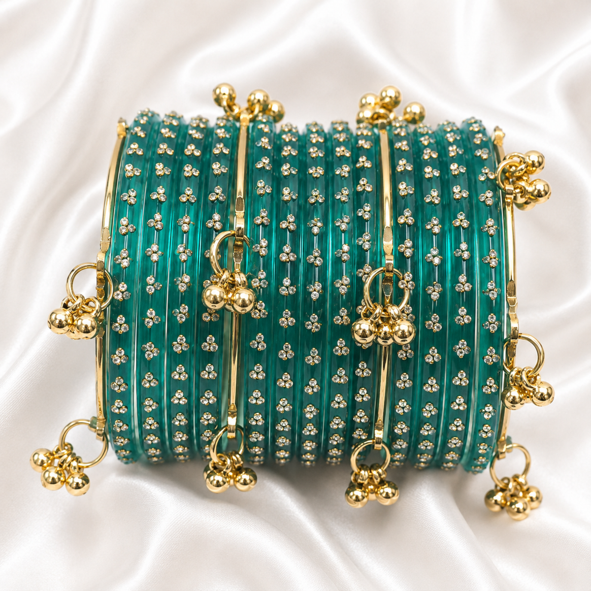 Teal Green Raindrop Glass with Gold Ghungroo Bangles