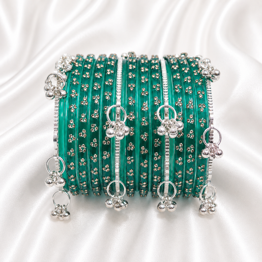 Teal Green Raindrop Glass with Silver Ghungroo Bangles