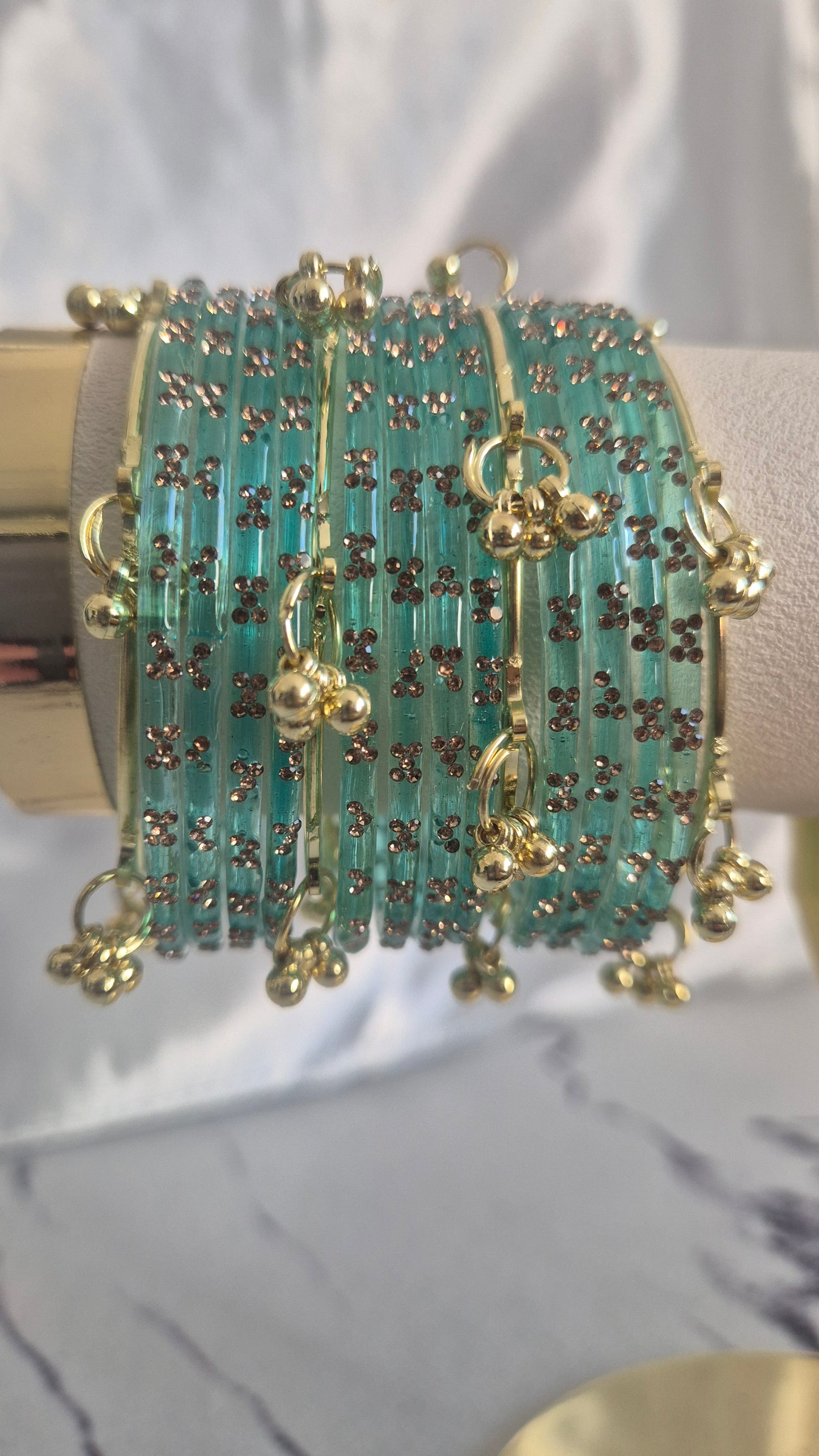 Turquoise Blue Raindrop Glass with Gold Ghungroo Bangles