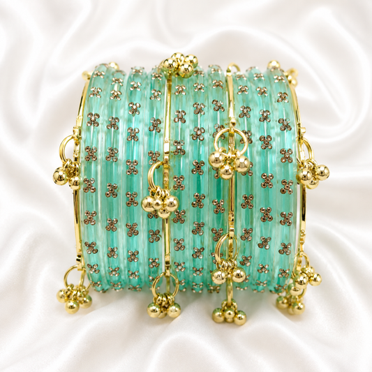 Turquoise Blue Raindrop Glass with Gold Ghungroo Bangles