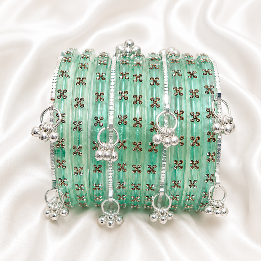 Turquoise Blue Raindrop Glass with Silver Ghungroo Bangles