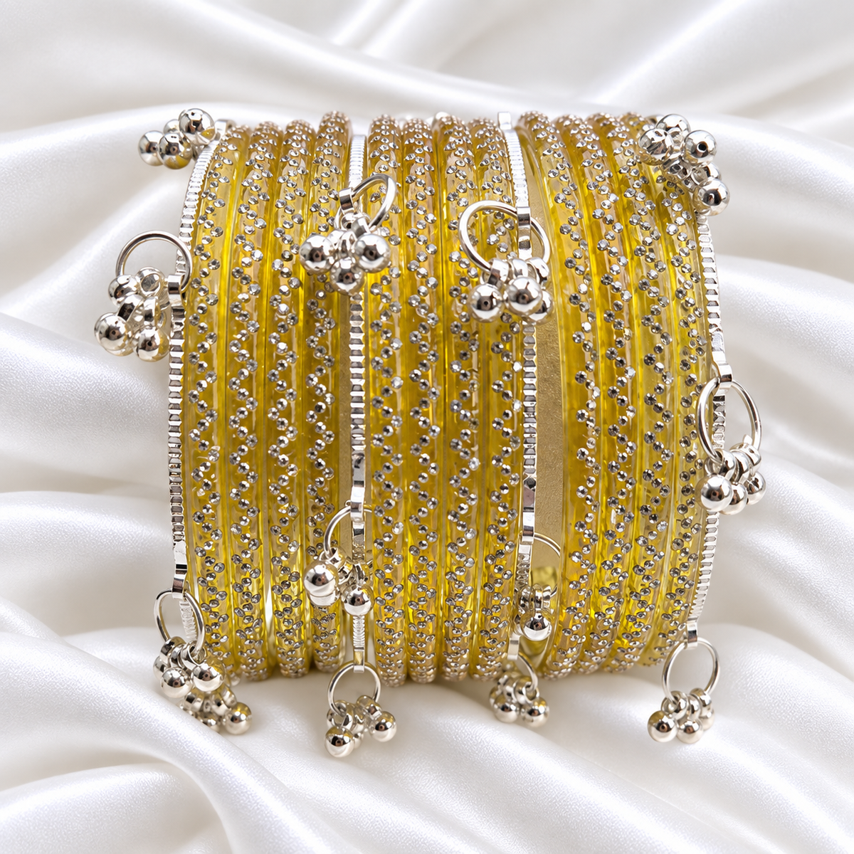 Yellow Gold Zig Zag Glass with Silver Ghungroo Bangles