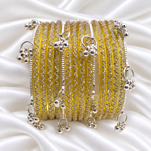 Yellow Gold Zig Zag Glass with Silver Ghungroo Bangles